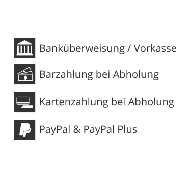 Überweisung, Barzahlung bei Abholung, PayPal